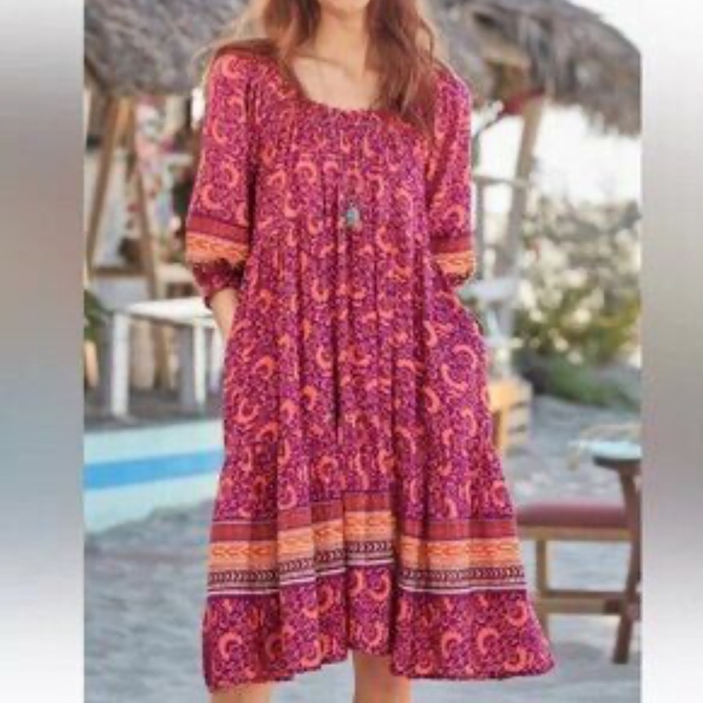 SUNDANCE Peasant Granola Boho Floral/Lace Puff SLV Very Oversized Tier Dress SP